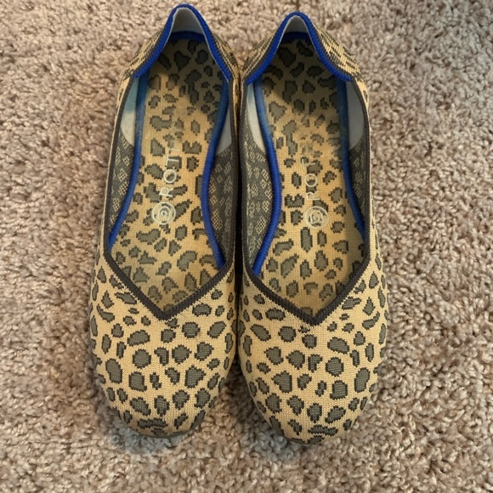 Rothy's Tan Leopard Flats with Blue Accents